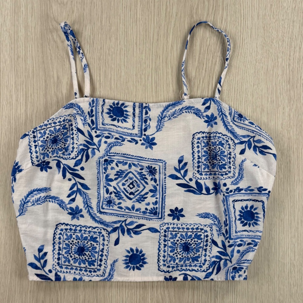 Blue White Floral Crop Top Cami Paper Crane Small Smocked Back Coastal Boho Top